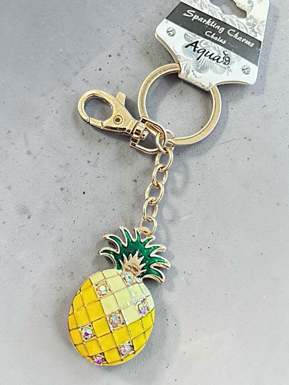 NWT Aqua79 Pineapple Bag Charm Keychain Tropical Rhinestone Purse Charm